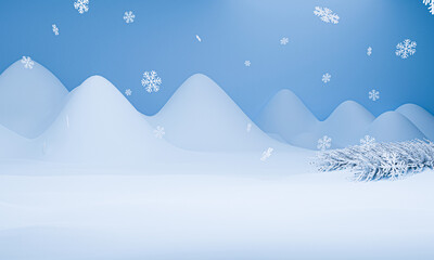 Snowy Mountains Background With Snowflakes, Fir Leaves And Copy Space.