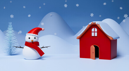 3D House Arch With Cute Snowman, Xmas Or Spruce Tree On Blue Snowy Background.