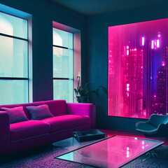 Cyberpunk style living room, neon lighting - AI Generated illustration