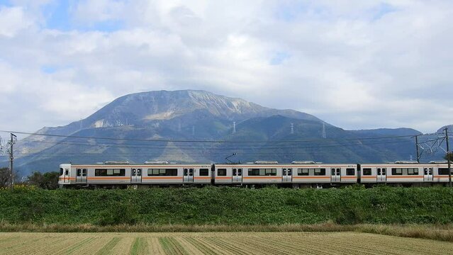 秋の伊吹山山麓を走る313系と311系普通列車