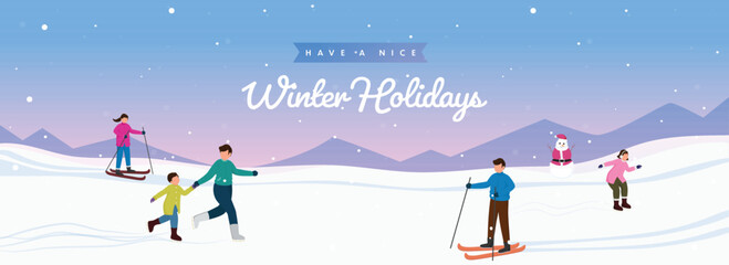 Cartoon People Enjoying Winter Holidays Like As Skiing, Ice Skating And Snowman On Gradient Snowy Mountain Background.