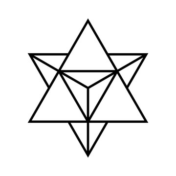 Merkaba symbol. Sacred geometry shape. Star tetrahedron. 3D object that is made out of two triangles facing opposite directions while placed within one another. Vector illustration, line icon clip art