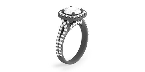 Jewelry ring with diamonds 3D rendering in wireframe material.