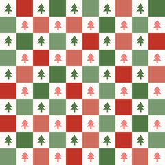 Cute retro vintage Christmas Checkerboard Y2K seamless pattern vector background. Abstract festive red and green repeat texture wallpaper with xmas tree icon silhouette, modern trendy textile design.