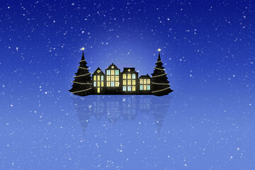 christmas scene with silhouettes of old town houses and christmas trees in falling snow at night