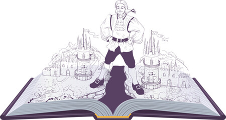 Tale of Gulliver open book illustration. Library literature education reading for children