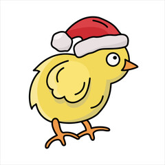 Vector color illustration of a little cute chicken in Santa's hat with black outine. Suitable for Christmas, New Year design.