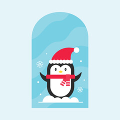 Cute Penguin Wearing Santa Hat With Scarf At Window And Snowfall Blue Background.