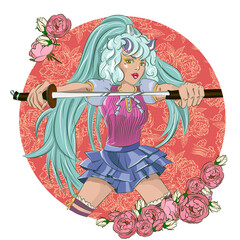 Samurai girl with horns. Cute youth print for t-shirt print or stickers and stickers. - 543369289