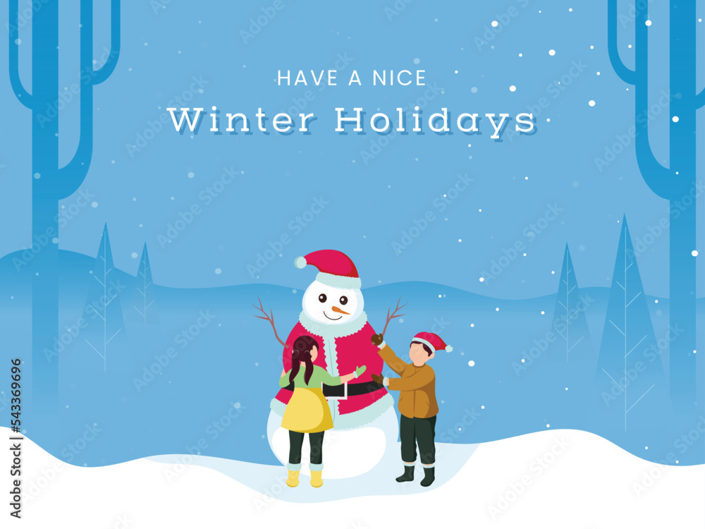 Canvas Prints winter holidays concept with cartoon kids standing near snowman on white and blue snow falling natur