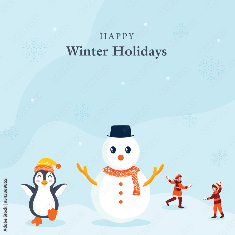 Poster happy winter holidays poster design with cartoon snowman, penguin and cheerful kids throwing snowbal