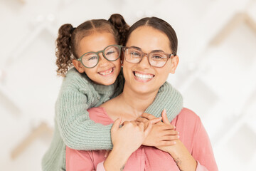 Eye care, glasses and child hug mother with new vision lens, prescription eyeglasses or ocular...