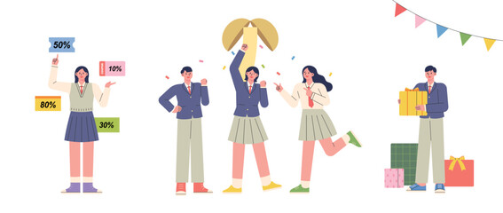 Students in school uniforms enjoy the event after college exams. Celebration firecrackers, gift box, discount coupon. flat vector illustration.