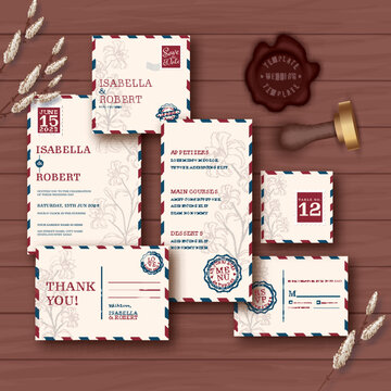 Top View Of Wedding Invitation Suite With Seal Stamp On Brown Wooden Texture Background.