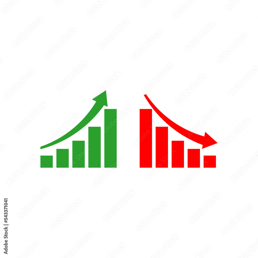 Poster graph going up and down sign with green and red arrows isolated on white background
