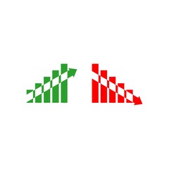 Graph going Up and Down sign with green and red arrows isolated on white background