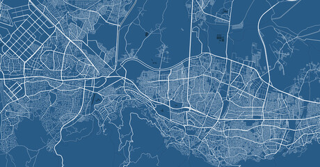 Detailed map poster of Bursa city, linear print map. Blue skyline urban panorama. Decorative graphic tourist map of Bursa territory.