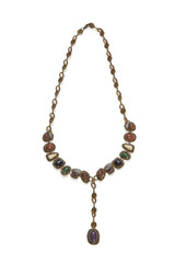 Close-up shot of a vintage style necklace. This necklace with a lobster clasp is decorated with cabochons of different shades. The necklace is isolated on a white background. Front view.