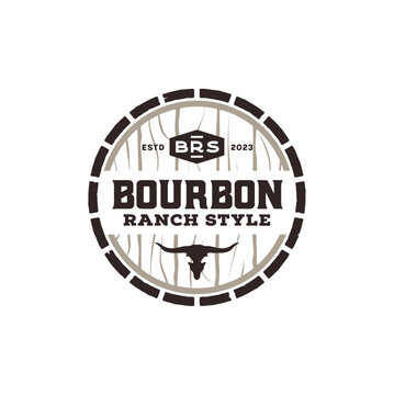 Bourbon Wooden Cask Barrel Keg with Bull Buffalo Longhorn Skull for Classic American Beer Brewery Logo Design