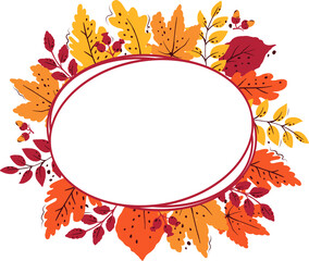 Oval autumn frame with leaves on a transparent background. Png