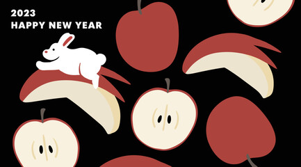 うさぎりんごに乗るうさぎのイラスト 年賀状素材