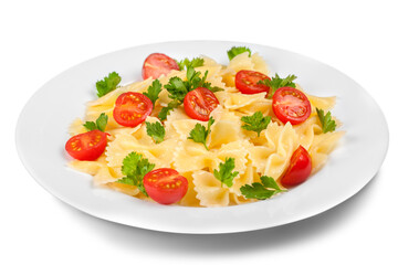 Delicious pasta with vegetables on white plate on white background