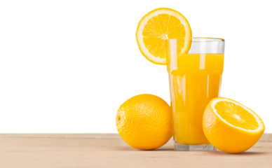 Fresh orange juice on wooden table over grunge background