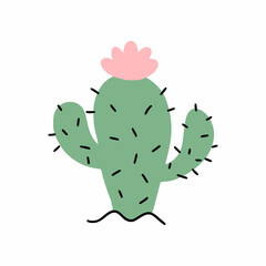 Cactus with flower. Prickly plant. Vector doodle illustration. Sticker.