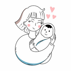 Happy mom hugs baby. Motherhood. Love for child. Mother's Day.