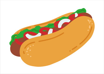 Hotdog with sausage, lettuce and onion. Illustration with fast food. Traditional sausage in dough. American street food in flat style. Fast food cafe vector illustration