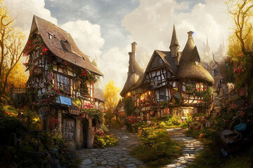 AI generated image of a fairy-tale tavern somewhere in Europe  - obrazy, fototapety, plakaty