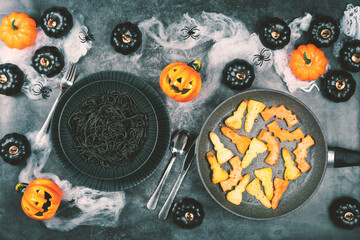 Halloween food decoration with black spaghetti
