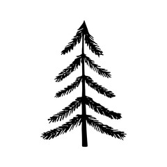 christmas tree hand drawn in doodle style. silhouette, simple, minimalism, monochrome, scandinavian. sticker, icon, new year decor.