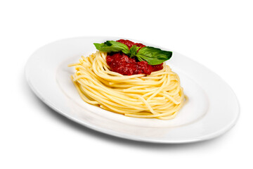 Spaghetti on plate top view with clipping path against green background