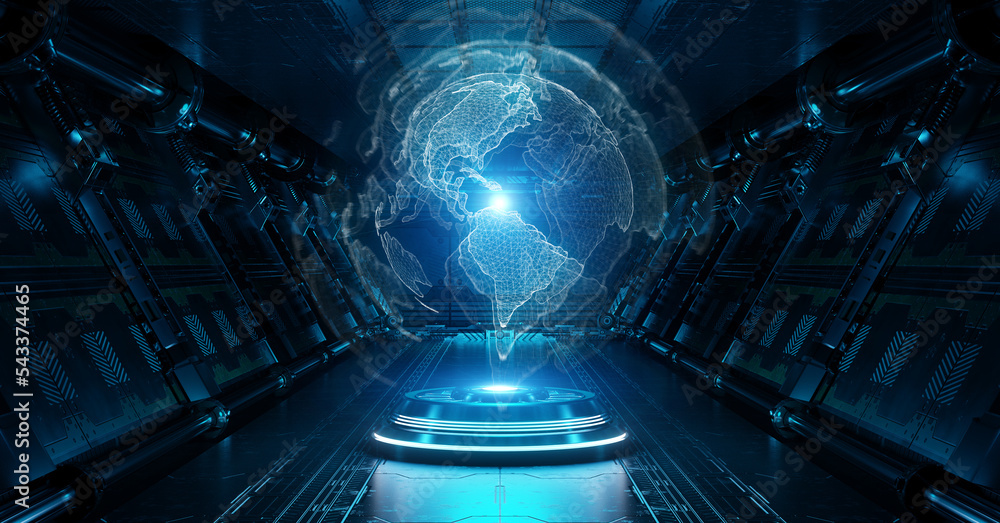 Poster blue spaceship interior with glowing world map. futuristic corridor in space station with projected 