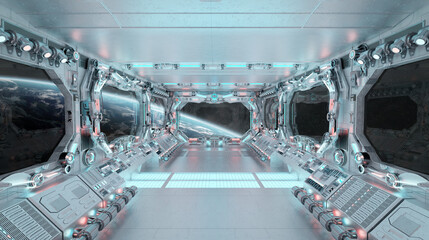 White spaceship interior with glowing blue and red lights. Futuristic spacecraft with large window view on planet Earth. 3D rendering © sdecoret