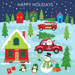 Fototapeta premium christmas card with houses and trees, santa and friends in the car