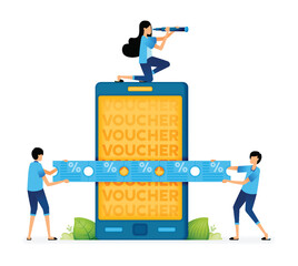 Vector Illustration of People looking for cashback voucher tickets or discount programs from promotional apps. Can be used for landing pages, web, websites, mobile apps, posters, ads, flyers, banners