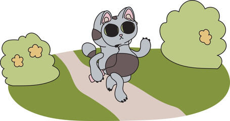 Illustration of a grey cat outdoors. The pet does sports, runs along the track with headphones. Healthy lifestyle, cute sporty kitten. Ready to use eps for your design