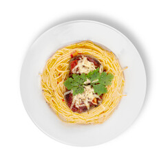 Spaghetti with tomato sauce, cheese and fresh herbs - isolated image