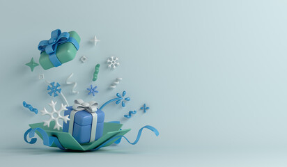 Winter decoration background with opened gift box, snowflakes, copy space text, 3D rendering illustration