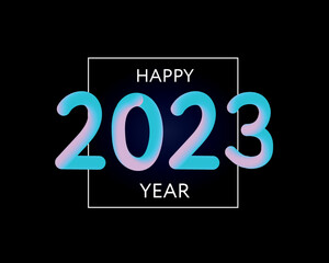 Happy new year 2023 future metaverse neon text neon with metal effect, numbers and futurism lines. Vector greeting card, banner, congratulation poster 3d illustration. Modern trendy electronic light