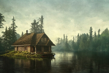 Fototapeta premium Wooden cottage on lake border in a beautiful woodland with morning mist made with generative AI