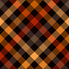 Seamless pattern. Classical cell diagonally. Contrasting red, orange and yellow color on dark brown background. Halloween Color Theme