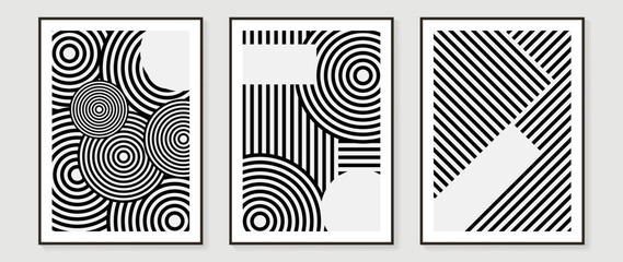 Set of abstract minimal and natural wall arts vector collection. Black and white curve, circle, round, wavy lines. Art design for wall decor, poster, print, cover, wallpaper. Vector illustration.