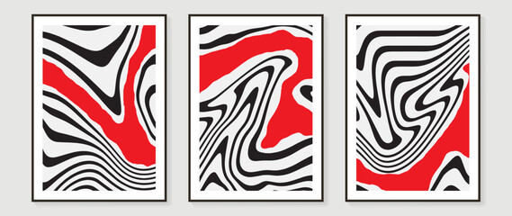 Set of abstract minimal and natural wall arts vector collection. Black, white and red psychedelic curve, wavy lines. Art design for wall decor, poster, print, cover, wallpaper. Vector illustration.
