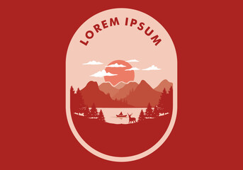 Obraz premium Landscape of the mountain view behind the lake with many pine trees and a deer