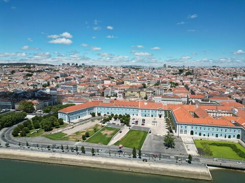High-angle Shot Of The City Center Of Lisbon, Portugal, During The Day With A Bright Blue Sky