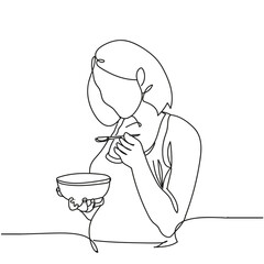 Single continuous line drawing of pregnant woman, Happy young mom eat nutritious food for baby isolated on white background, Hand drawn single line vector illustration