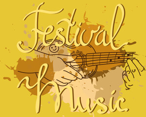 Music festival poster template. Inspirational hand-drawn guitar concept. Melody. Little guitar. Music. Abstract stains and rice inspiration. Fingering.